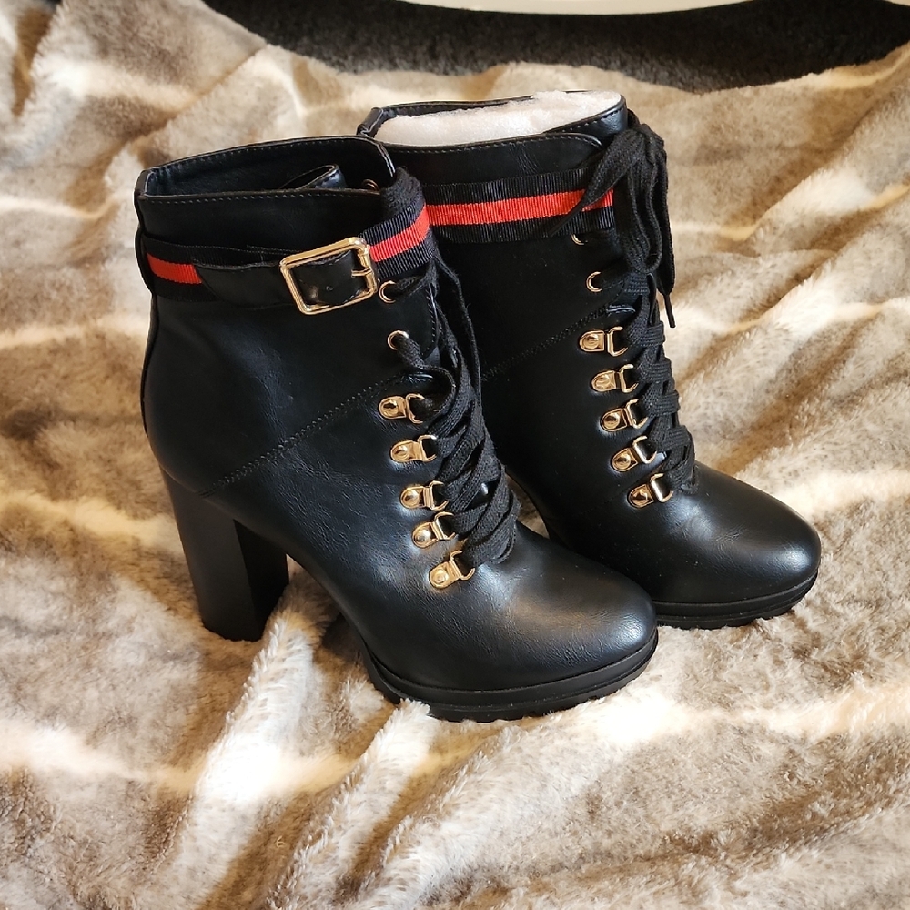 JustFab Black and Red Heeled Boots with Chunky Heel
